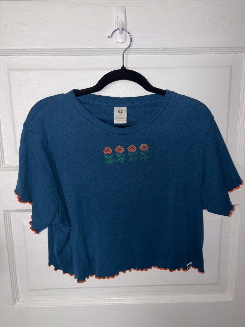 wild fable Teal Cropped Tee with Sunflower Embroidery